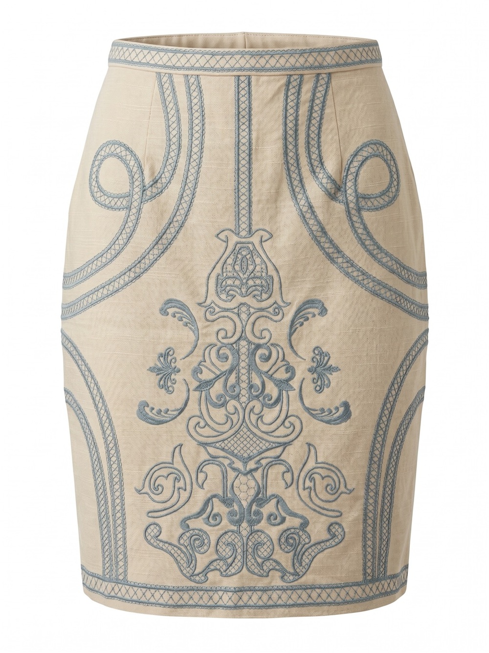 Champagne & Strawberry Embroidered Linen Pencil Skirt Size L